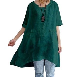 Green Plain Linen Short Sleeve Tunic Dress Small